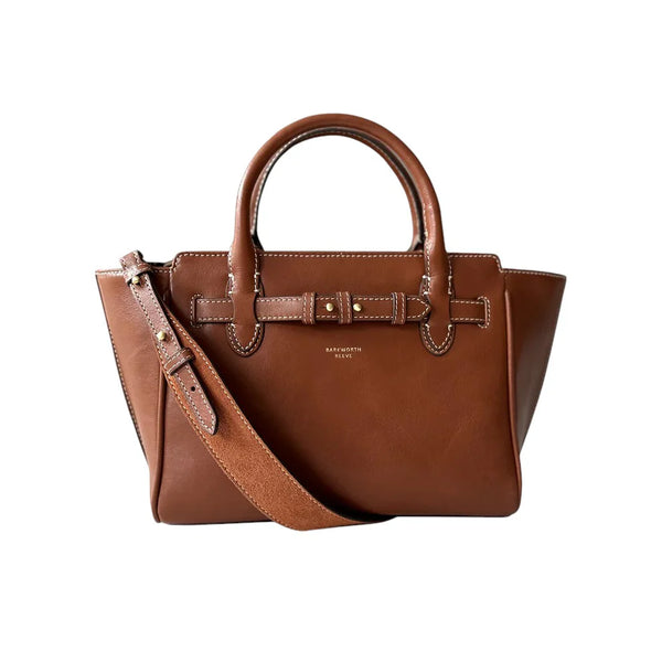Brown leather handbag with a strap on a white background
