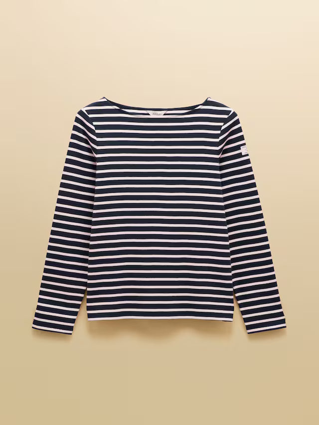 Navy and white striped long-sleeve shirt on a beige background