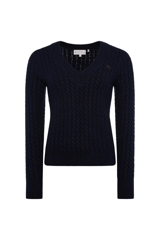 Black cable knit sweater on a white background