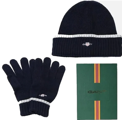 Navy beanie, gloves, and scarf set with GANT logo on a white background