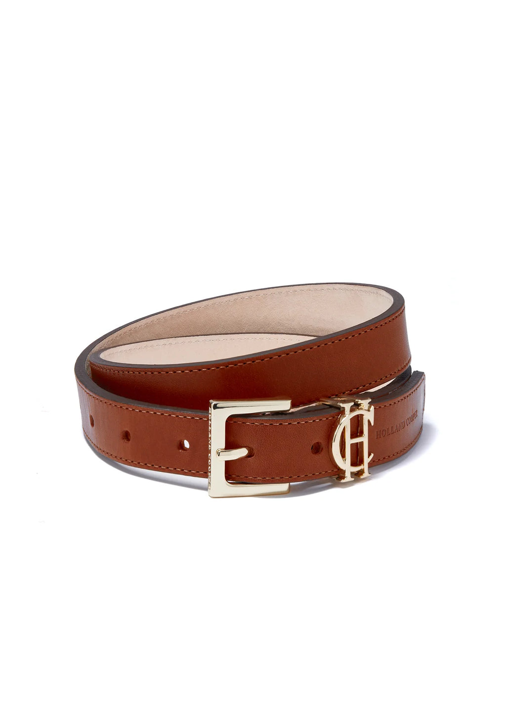 Brown leather belt with gold buckle on a white background