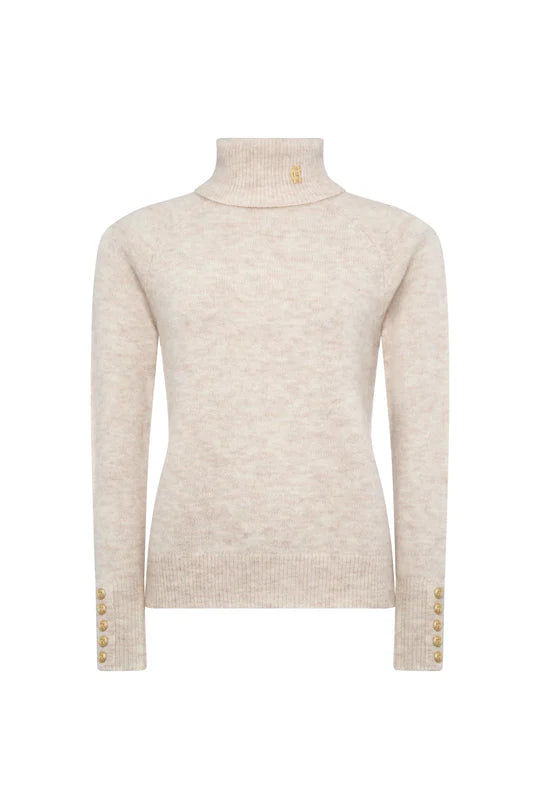 Beige turtleneck sweater with gold buttons on a white background