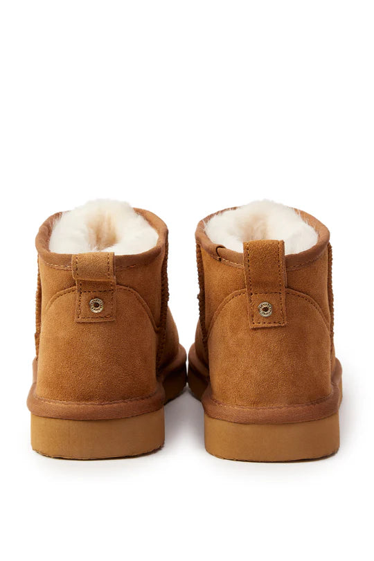 Pair of brown suede boots with white fur lining on a white background