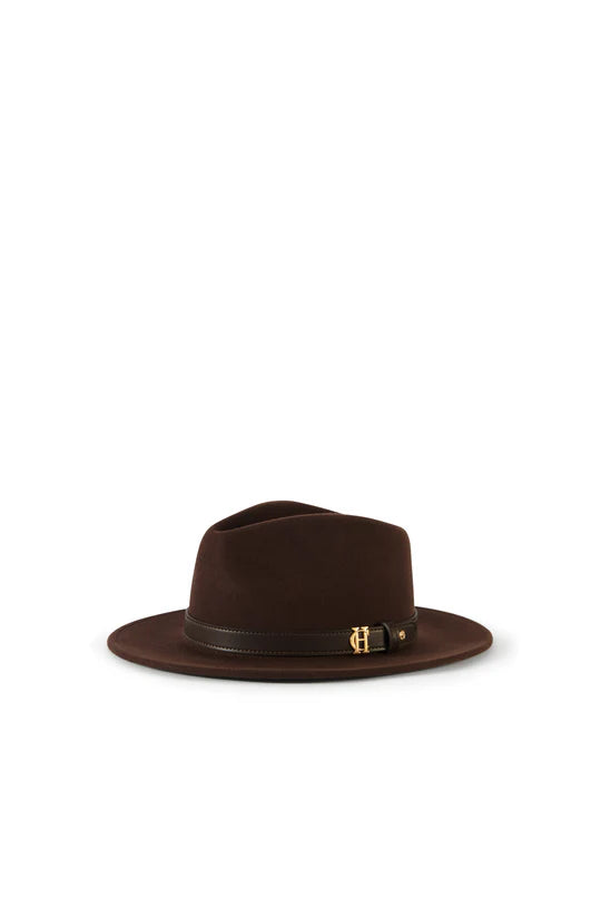 Brown fedora hat with a gold emblem on a white background