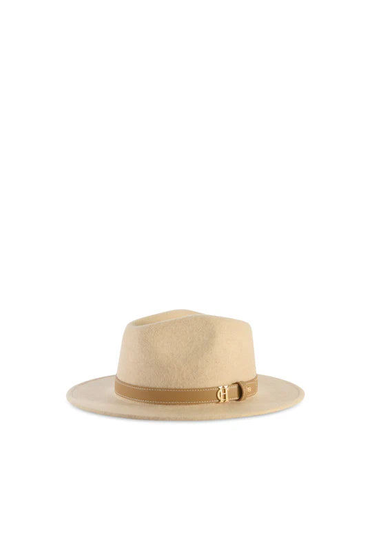 Beige fedora hat with a brown leather band on a white background