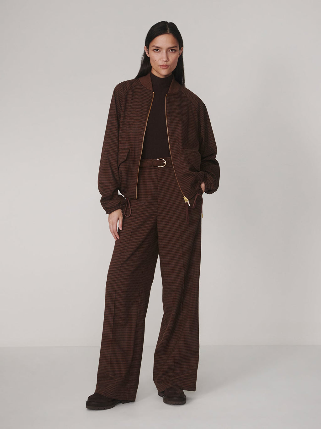 Varley Layne Wide-Leg Pant 31" - Dark Cocoa Mini Check