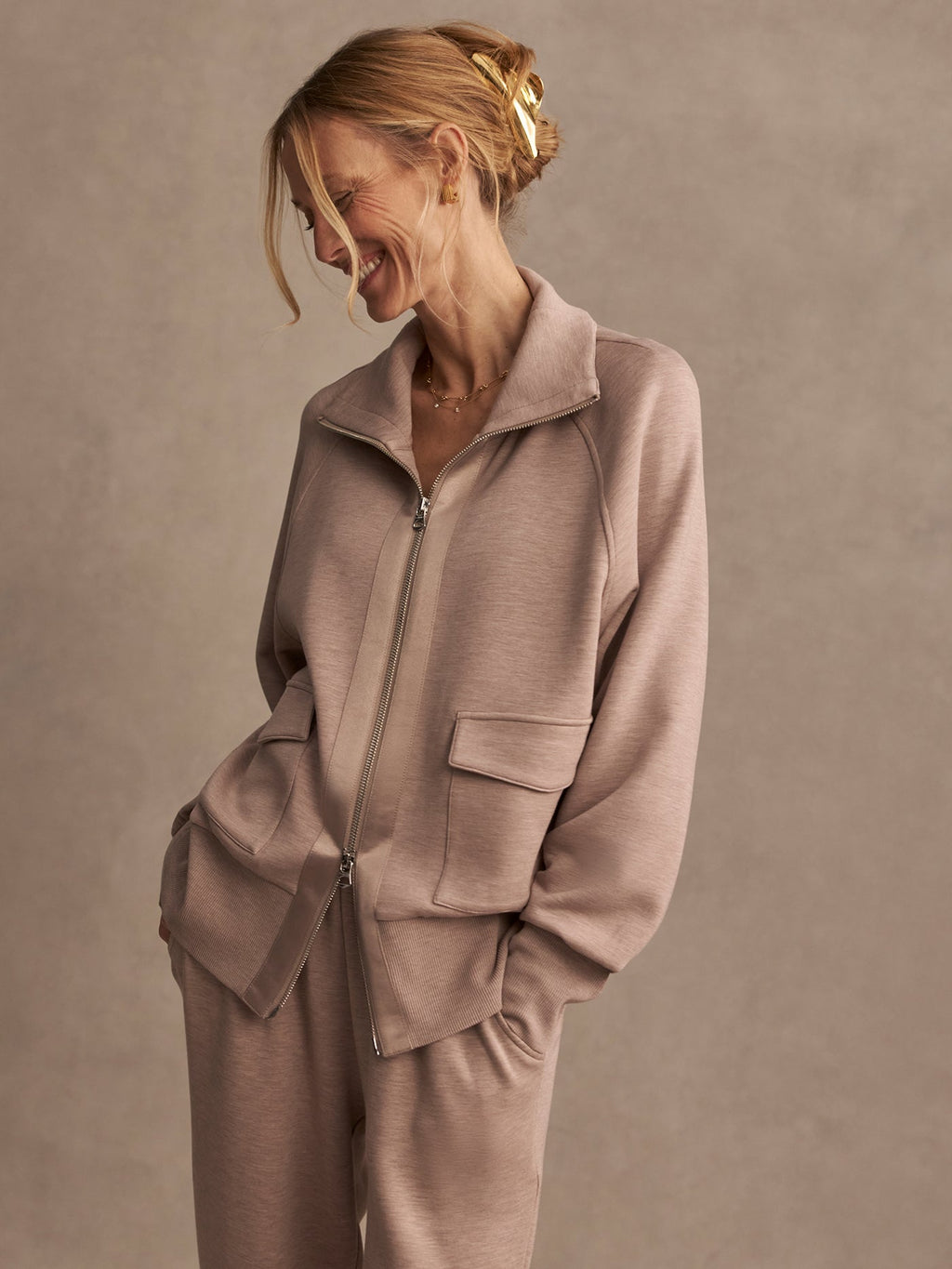 Varley Roxbury Zip-Through Sweat - Taupe Marl