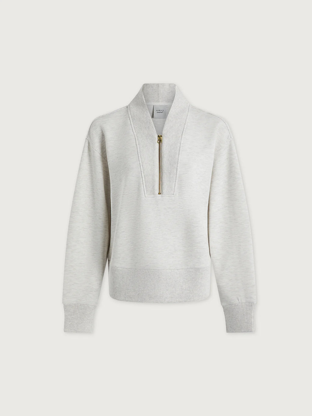 Light gray sweater with a gold zipper on a white background