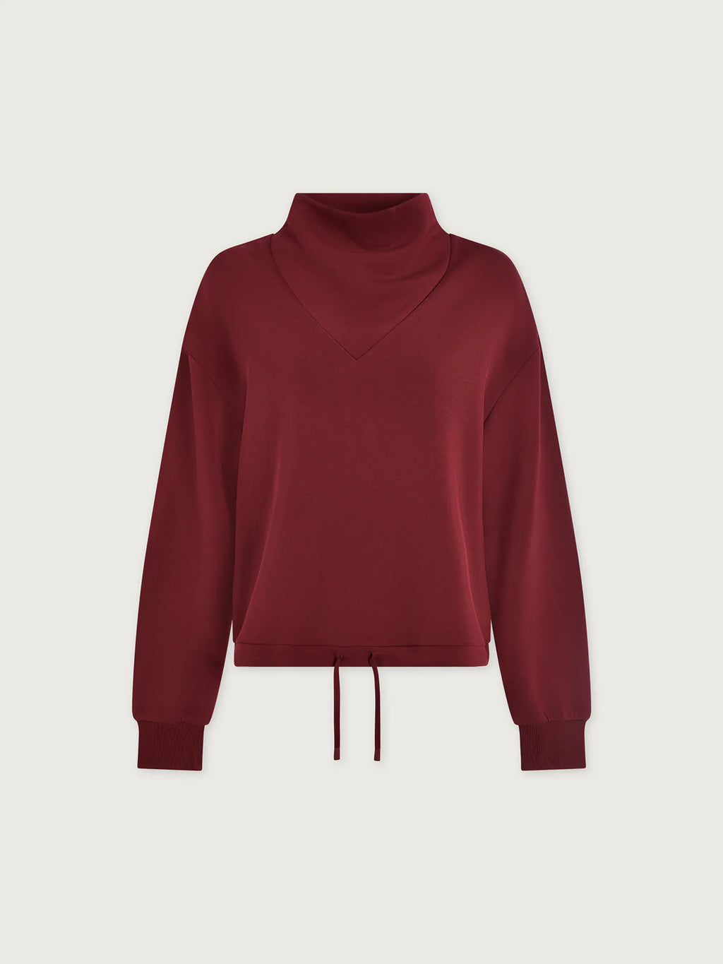 Maroon sweatshirt with a high collar on a light gray background