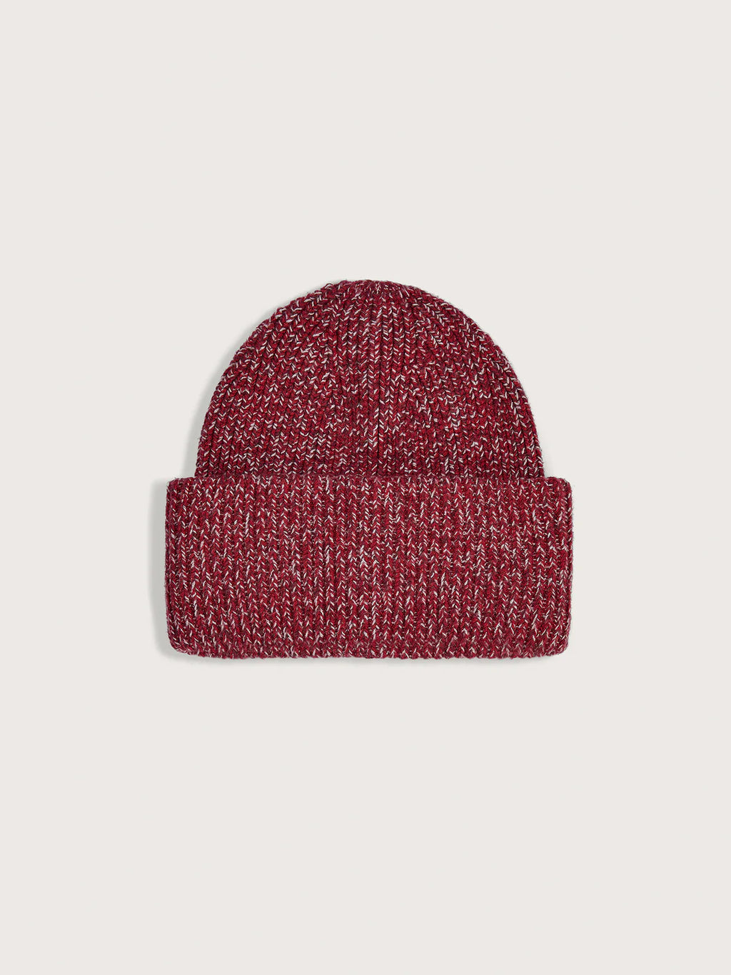 Red knit beanie on a light gray background
