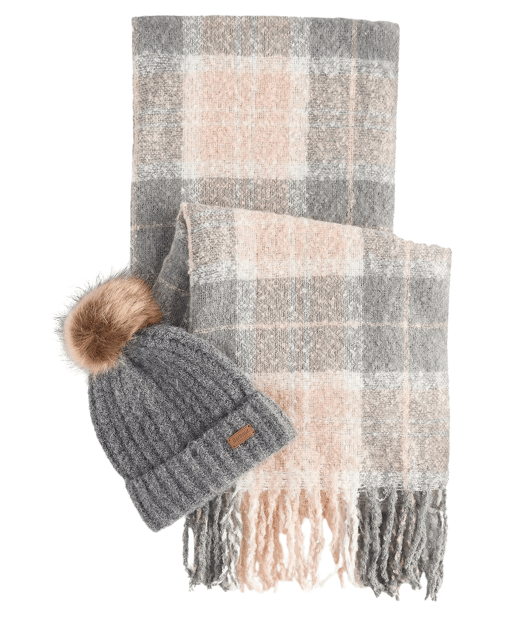 Barbour Saltburn Beanie & Tartan Scarf Gift Set - Grey/Rose