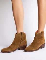 Brown ankle boots worn with a neutral background