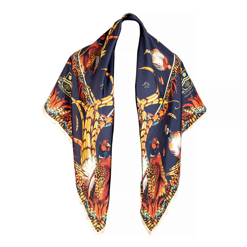 Navy blue scarf with colorful bird pattern on a white background