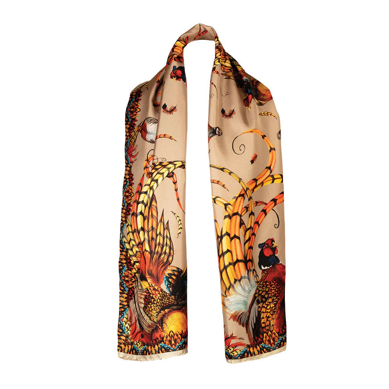 Scarf with bird and butterfly design on a beige background