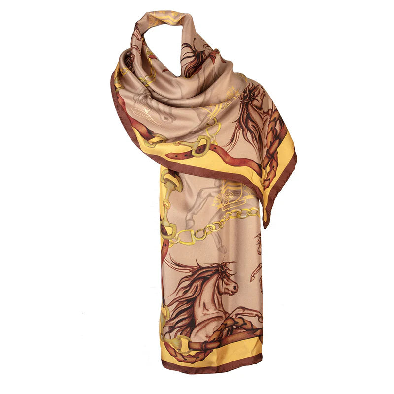 Decorative scarf with horse and chain design on a white background