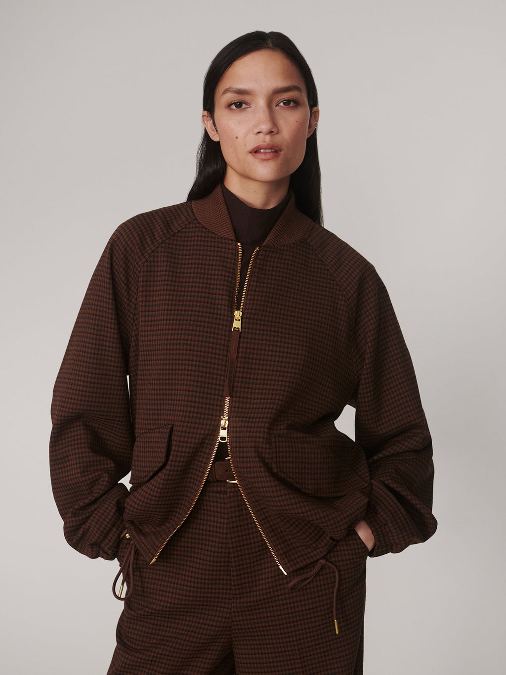 Varley Keagan Short Blouson Jacket - Dark Cocoa Mini Check