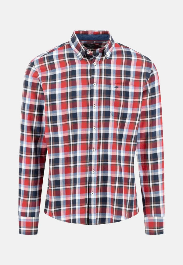 Red, blue, and white checkered shirt on a light gray background