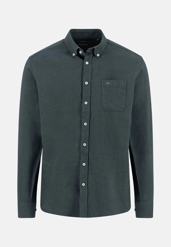 Dark gray button-up shirt on a light gray background