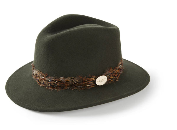 Green fedora hat with a decorative band on a white background