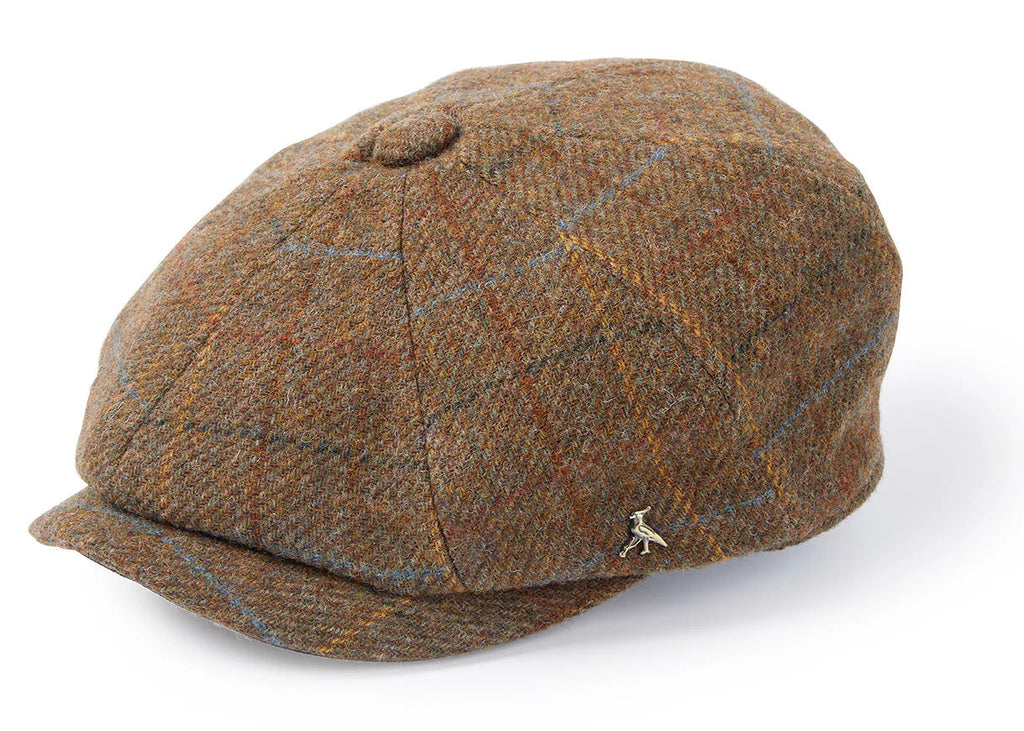 Brown checkered flat cap with a small logo on a white background