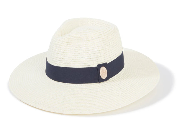 White straw hat with a navy band on a white background