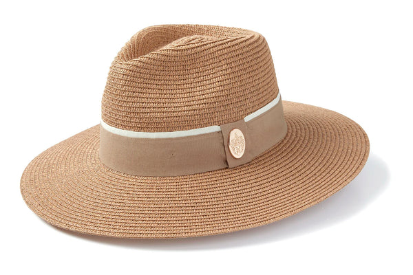 Beige straw hat with a band on a white background