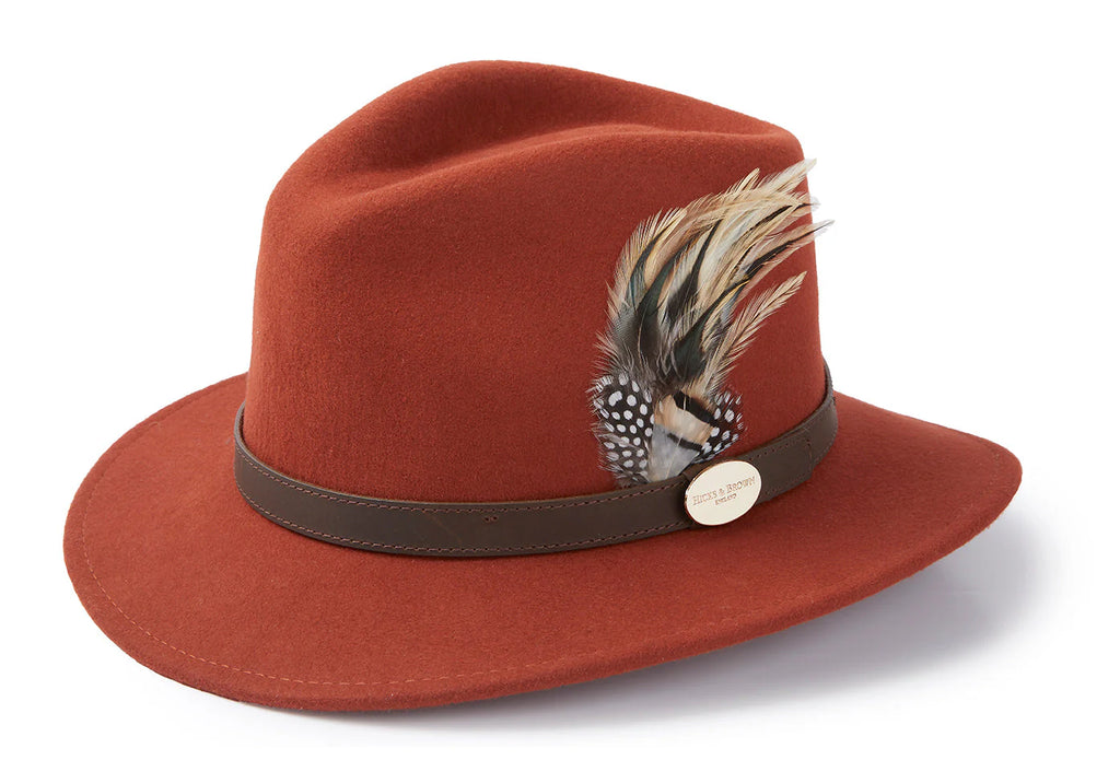 Red fedora hat with a feather and brown band on a white background