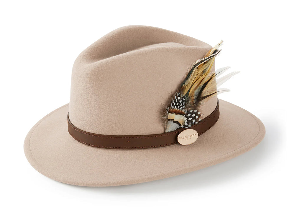 Beige hat with a brown band and feather detail on a white background