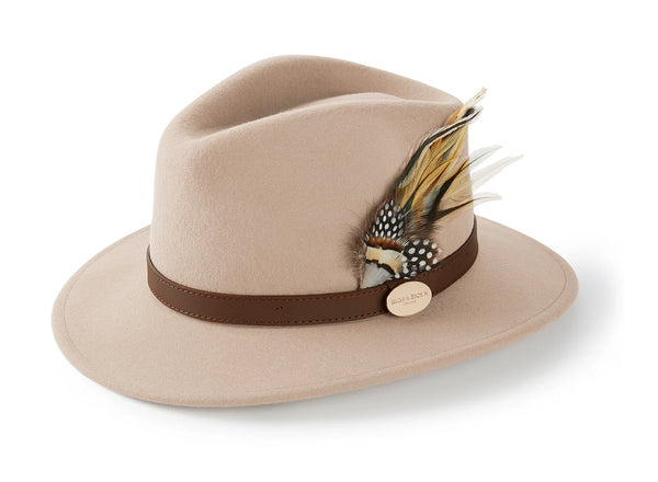 Beige hat with a brown band and feather detail on a white background