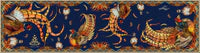 Decorative tapestry with intricate patterns and colors on a dark background