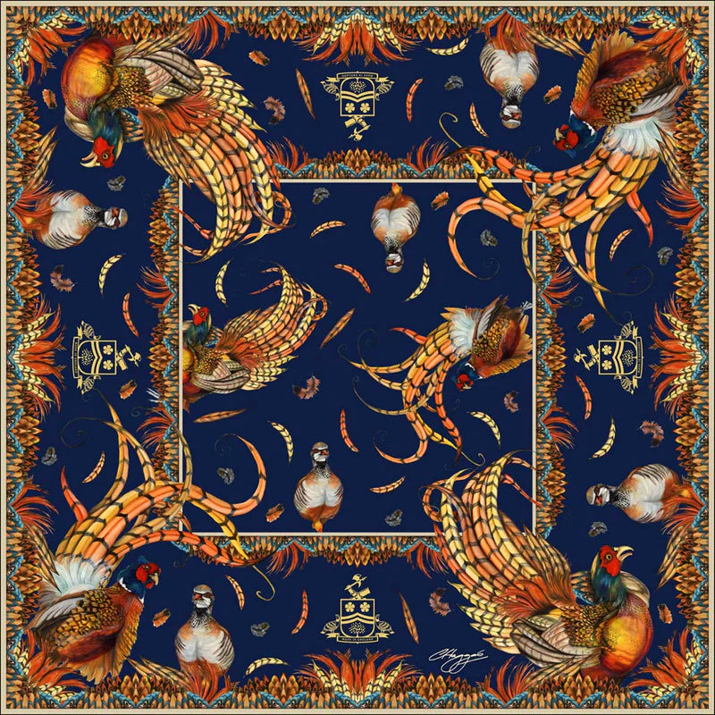 Decorative scarf with pheasant design on a blue background