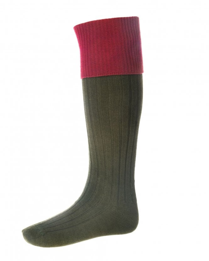 Green knee-high sock with a pink top on a white background
