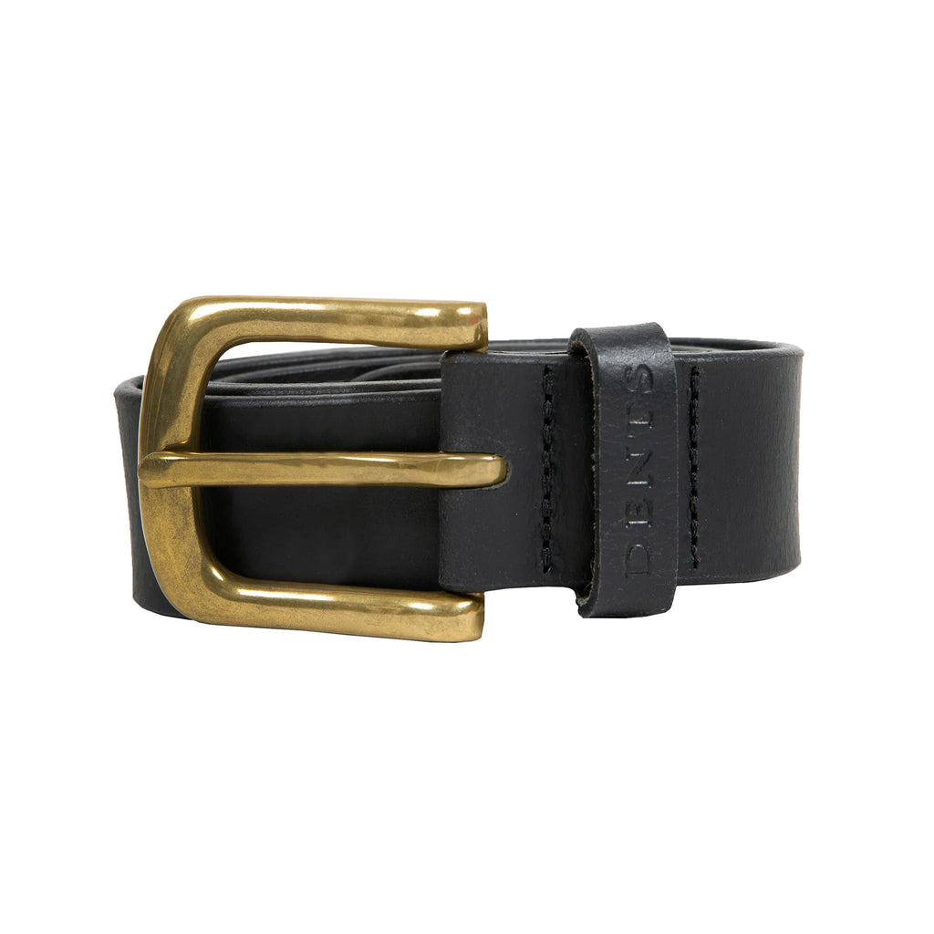 Black leather belt with a gold buckle on a white background