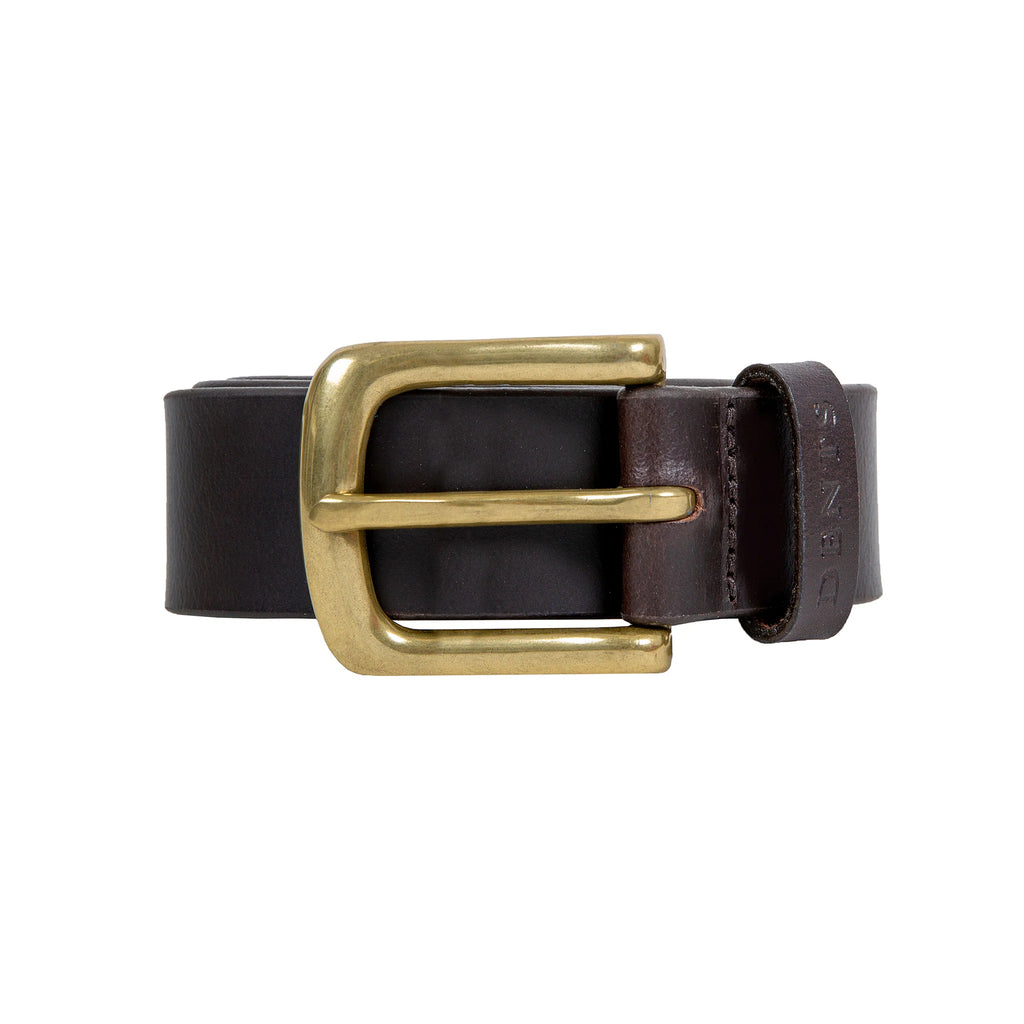 Brown leather belt with a gold buckle on a white background