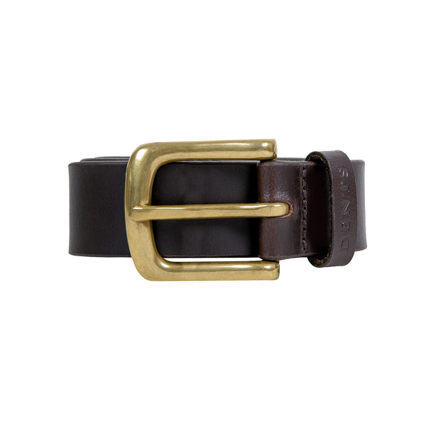 Brown leather belt with a gold buckle on a white background