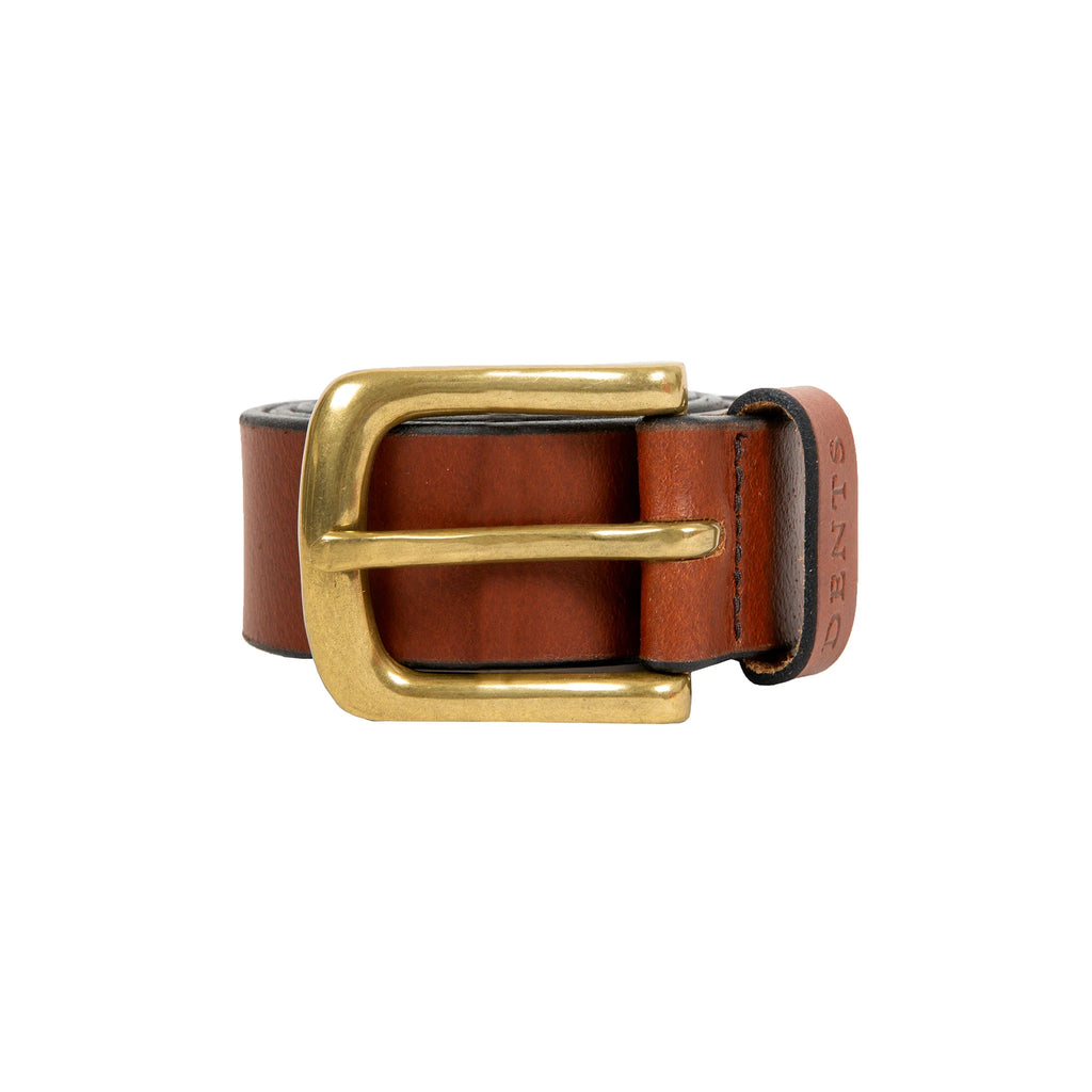 Brown leather belt with a gold buckle on a white background