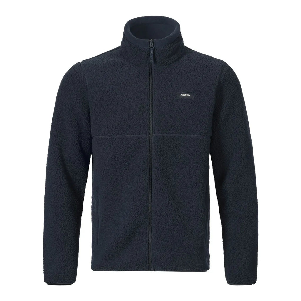 Navy fleece jacket with a brand logo on a white background