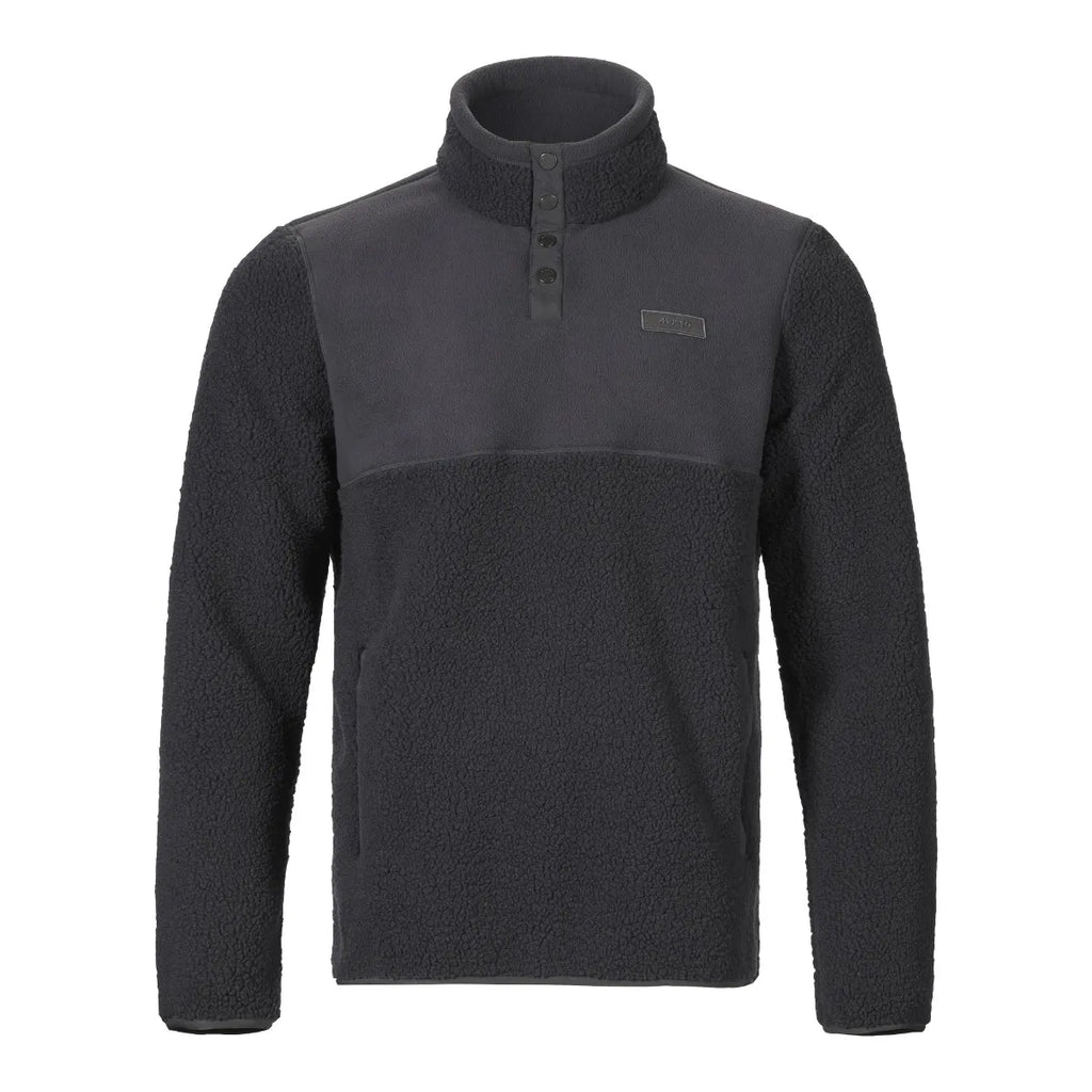 Dark gray pullover with button details on a white background