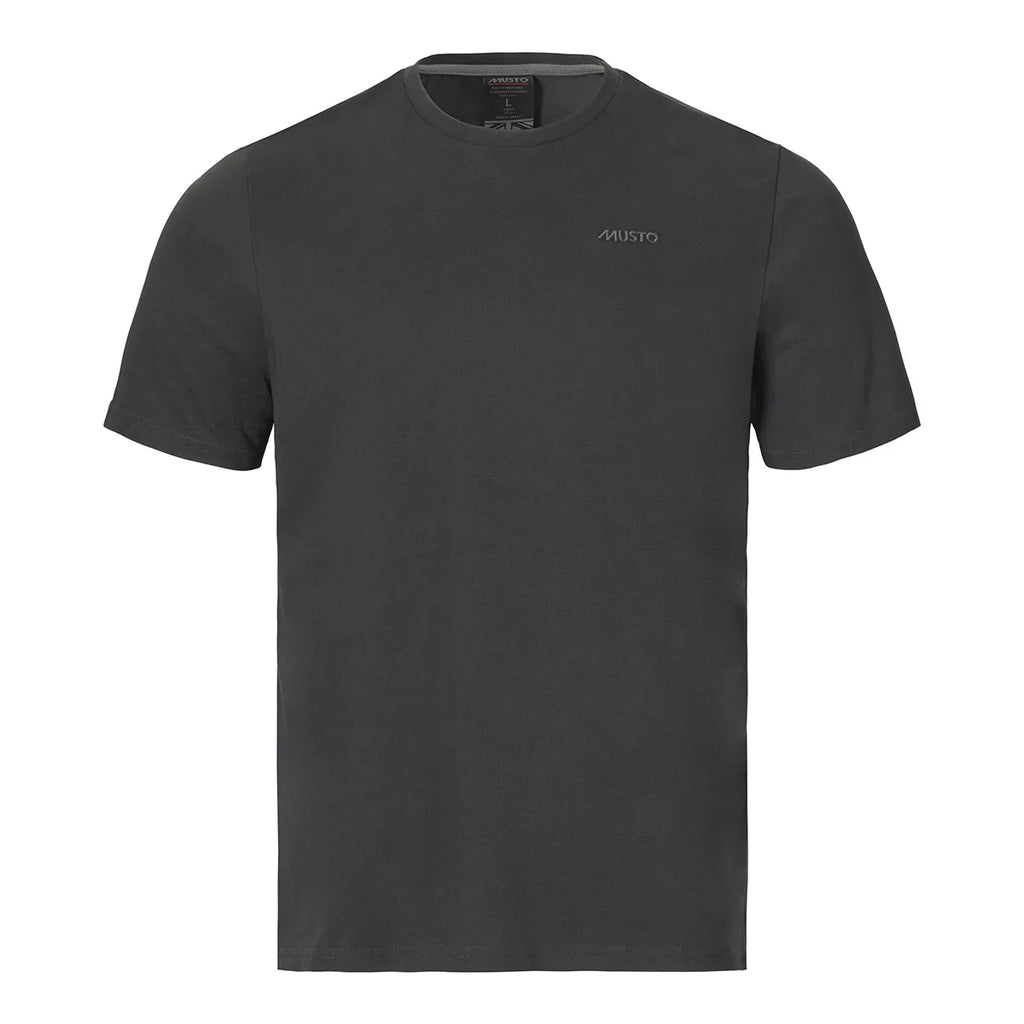 Grey t-shirt with a brand logo on a white background