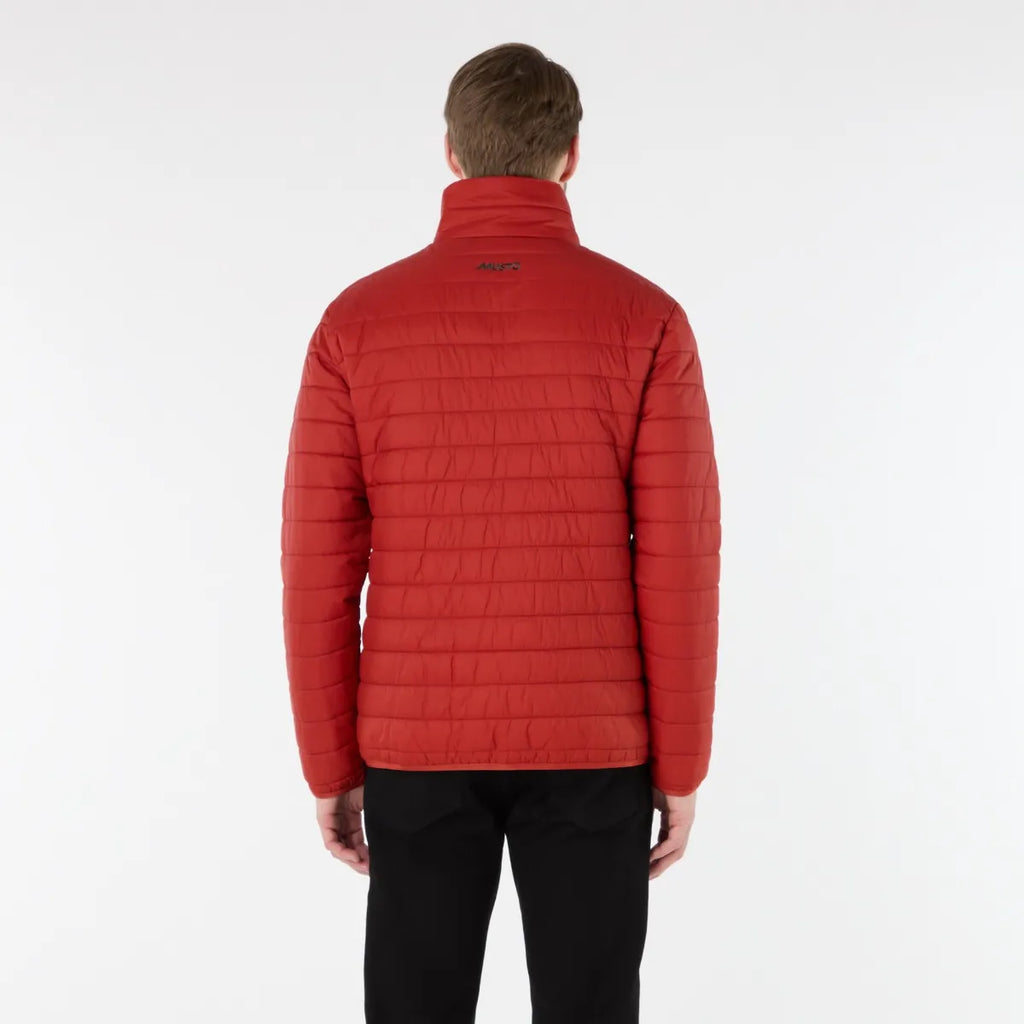 Person wearing a red puffer jacket on a white background