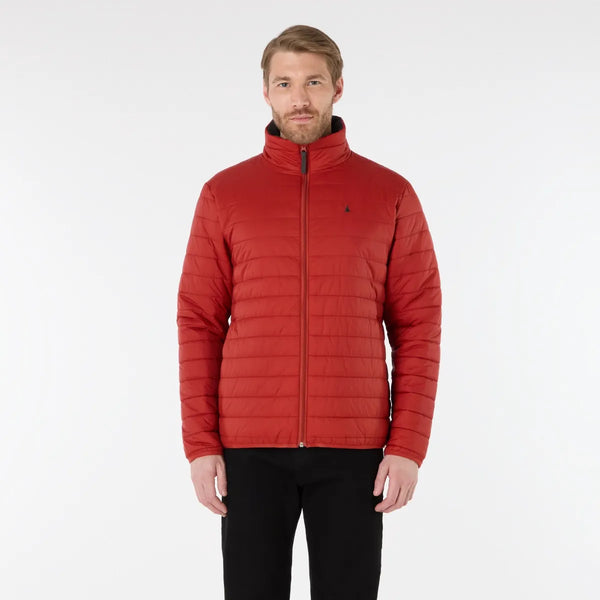 Man wearing a red puffer jacket on a white background