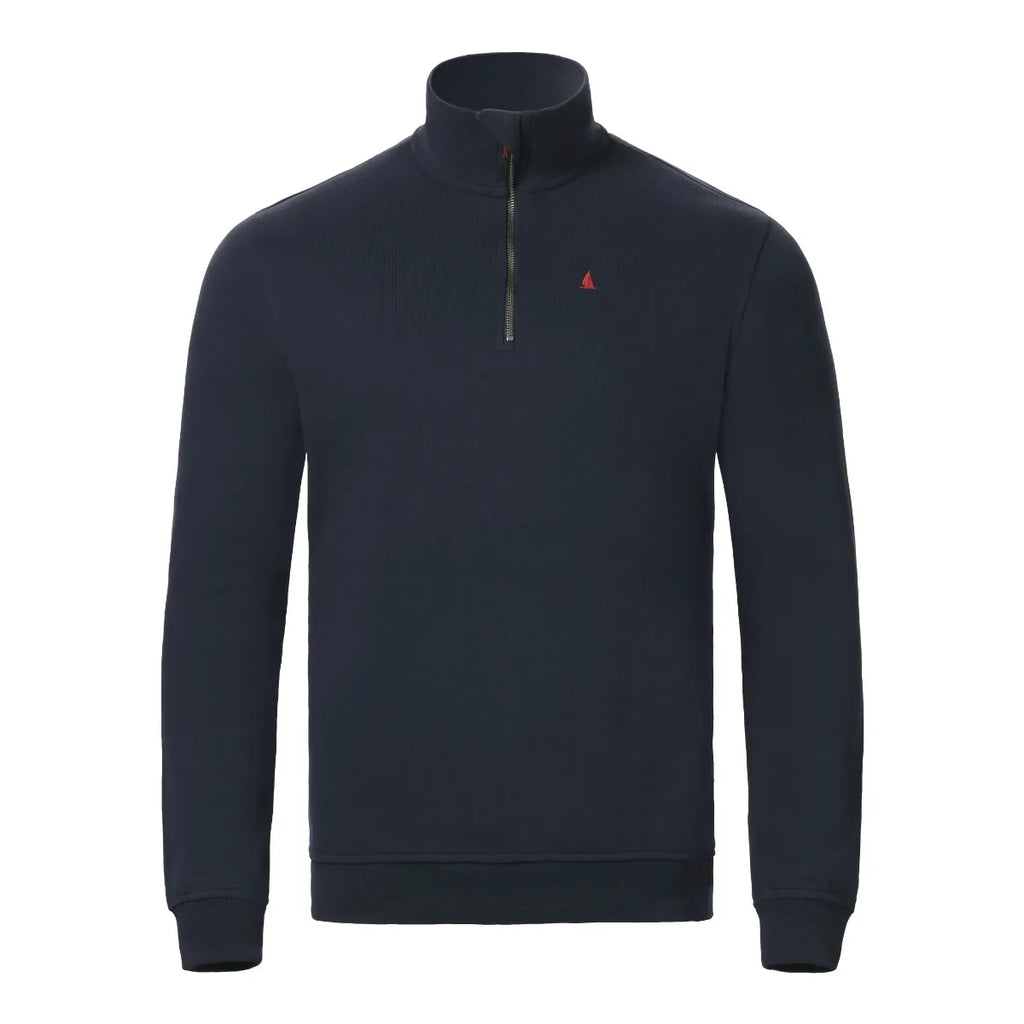 Navy blue half-zip sweatshirt with a small red logo on a white background