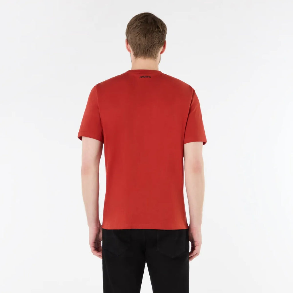 Person wearing a red t-shirt on a white background