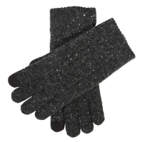 Pair of black gloves with a textured pattern on a white background