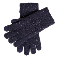Pair of dark blue gloves with a textured pattern on a white background