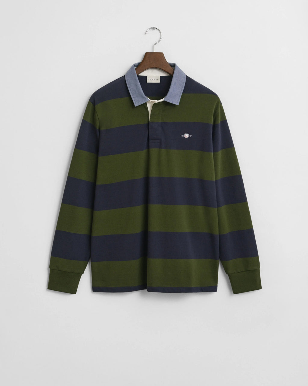 Green and navy striped long-sleeve polo shirt on a hanger against a white background