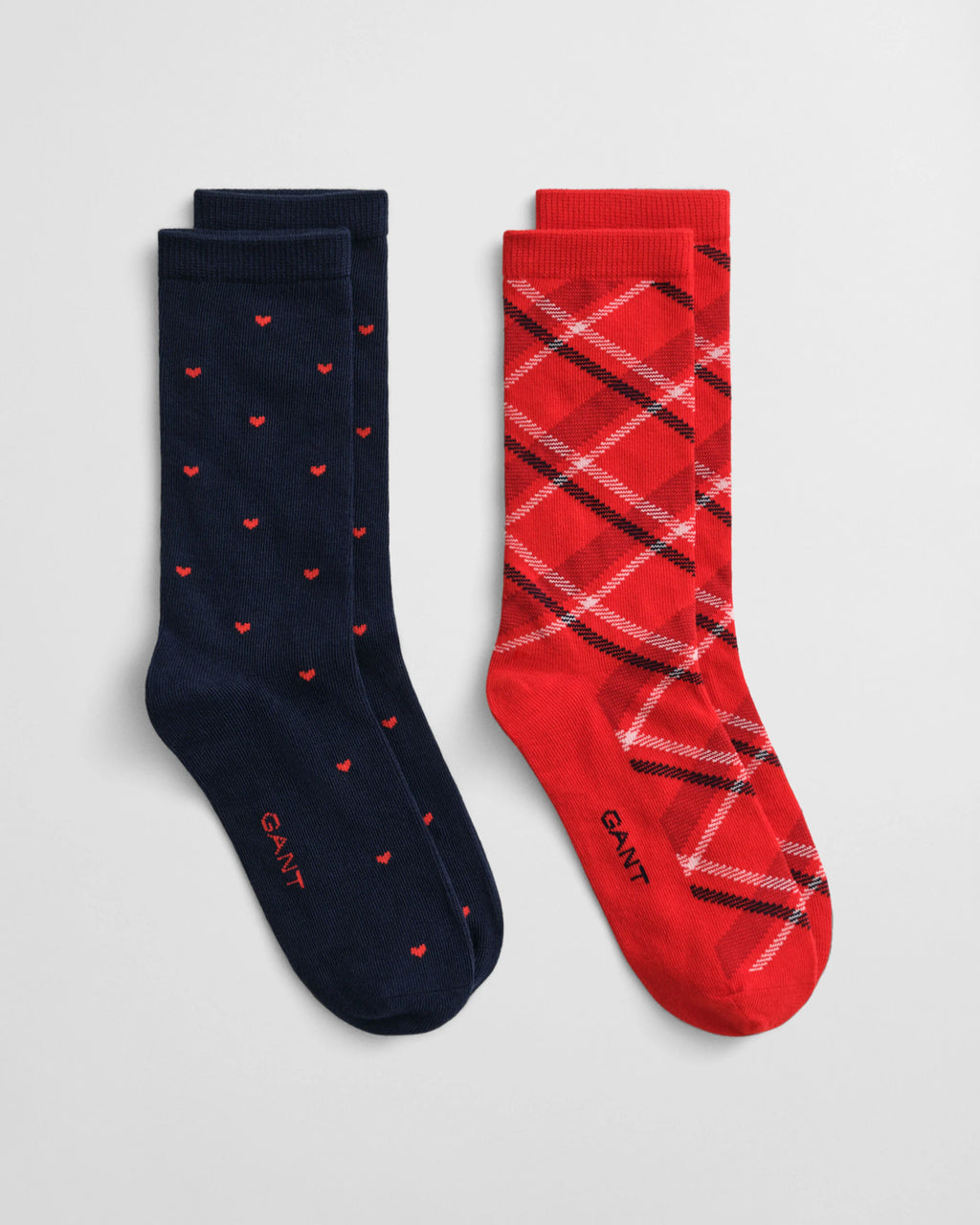 Blue and red socks with 'GANT' branding on a white background
