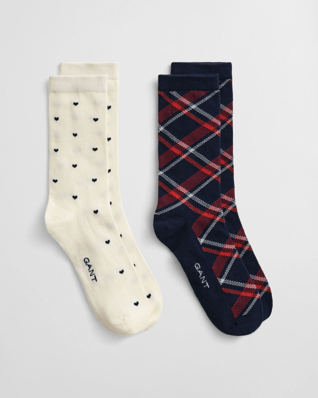 White and navy/red socks with 'GANT' branding on a white background