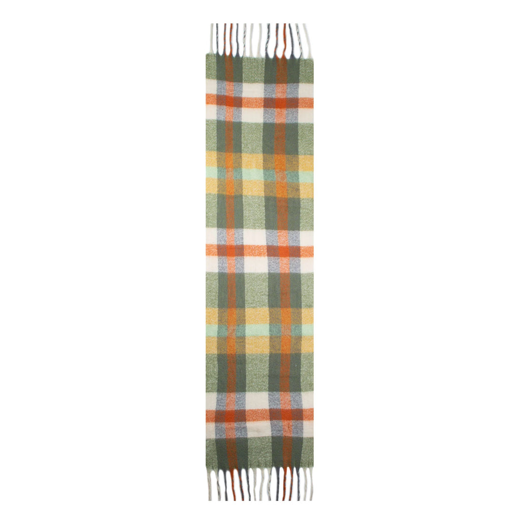 Green, orange and white plaid scarf with tassels on a white background