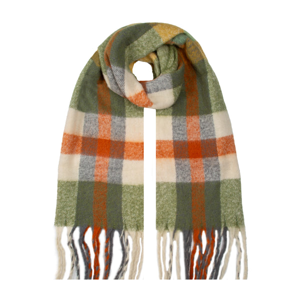 Green, orange and white plaid scarf with tassels on a white background